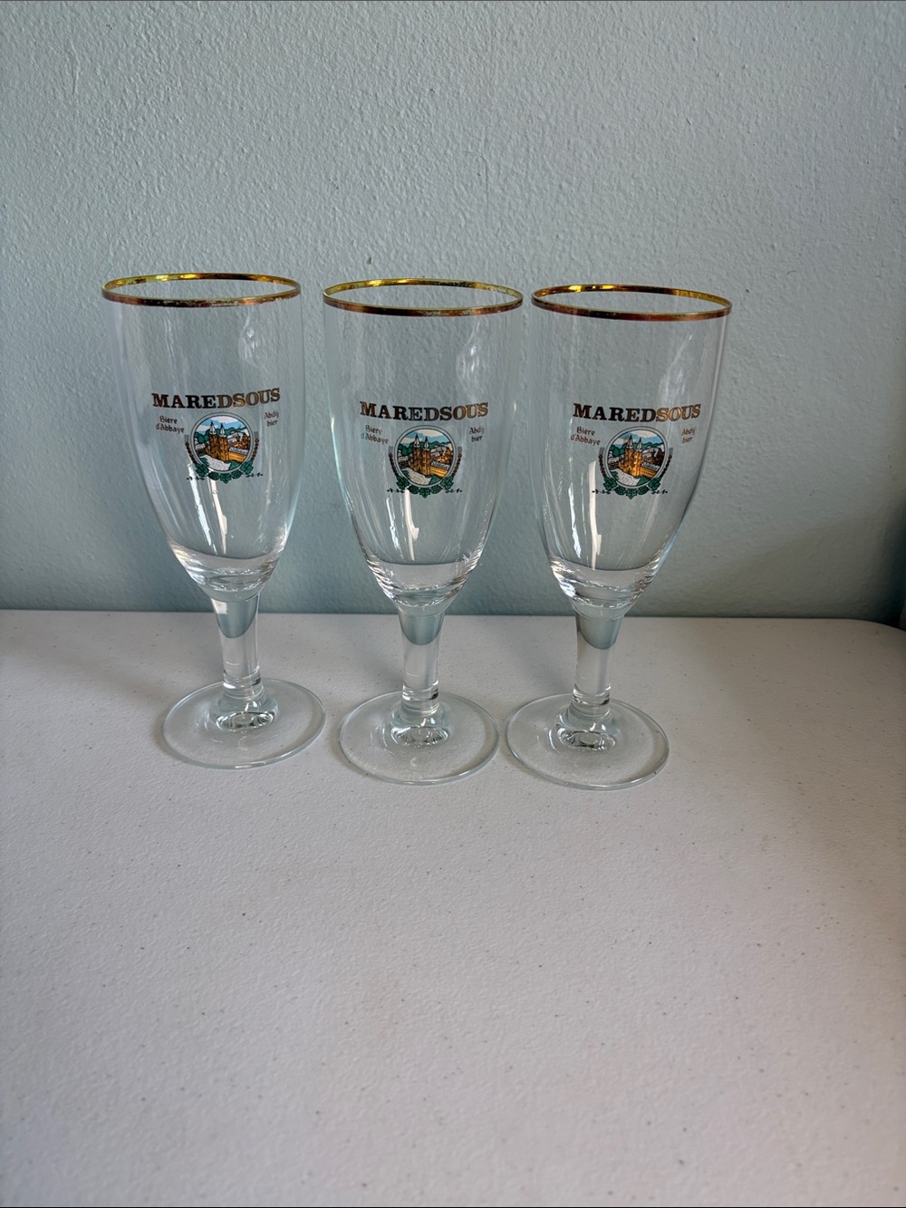 Maredsous Gold-Rimmed Beer Glasses Set of 3 each .3 Liter